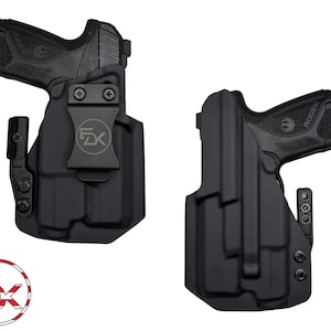 May include: Two black Ruger handguns in black holsters. The holsters have a clip for attaching to a belt. The holsters have the letters "FX" on the front. The image also includes a logo with the letters "FX" inside a circle with red, white, and blue stripes.