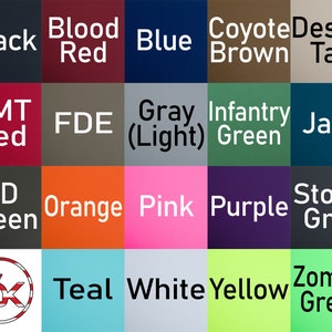 K&ouml;nnte beinhalten: Eine Tabelle mit 20 verschiedenen Farbmustern, wobei die Namen der einzelnen Farben in wei&szlig;er Schrift stehen. Die Farben umfassen Schwarz, Blutrot, Blau, Coyotebraun, W&uuml;stentarn, EMT-Rot, FDE, Grau (hell), Infanteriegr&uuml;n, Jade, OD-Gr&uuml;n, Orange, Pink, Lila, Sturmgrau, Teal, Wei&szlig;, Gelb und Zombiegr&uuml;n.