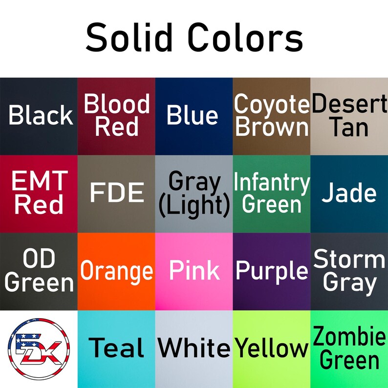 Pu&ograve; includere: Un grafico che mostra 18 diverse opzioni di colore solido. I colori sono disposti in una griglia di 5 righe e 4 colonne. I colori includono nero, rosso sangue, blu, marrone coyote, marrone deserto, rosso EMT, FDE, grigio (chiaro), verde militare, giada, verde OD, arancione, rosa, viola, grigio tempesta, verde acqua, bianco, giallo e verde zombie.