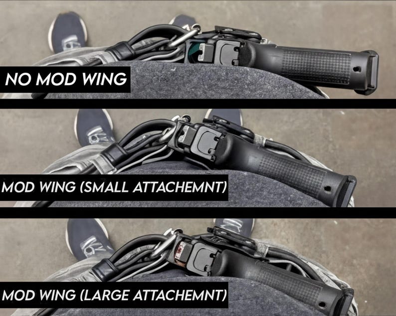 three different views of a gun strap or holster, with the first two views showing the strap attached to the gun and the third view showing the strap detached from the gun.