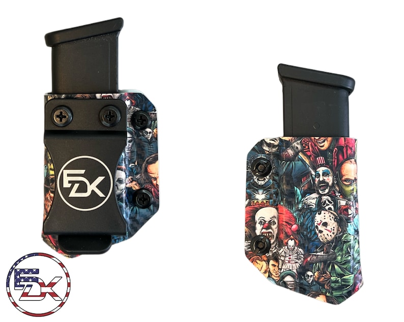 May include: Two black magazine carriers with a colorful horror movie character print. The carriers have a black clip and the text "FDX" in white.