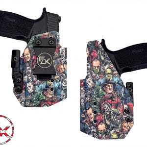 a pair of custom-designed gun holsters with a vibrant, colorful, and detailed design. The holsters are adorned with various characters and scenes, creating a visually striking and unique appearance.