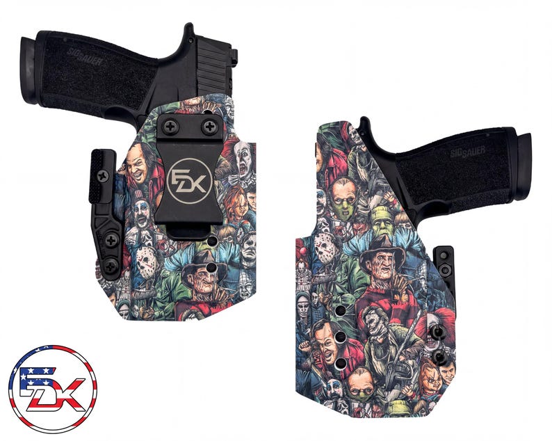 a pair of custom-designed gun holsters with a vibrant, colorful, and detailed design. The holsters are adorned with various characters and scenes, creating a visually striking and unique appearance.