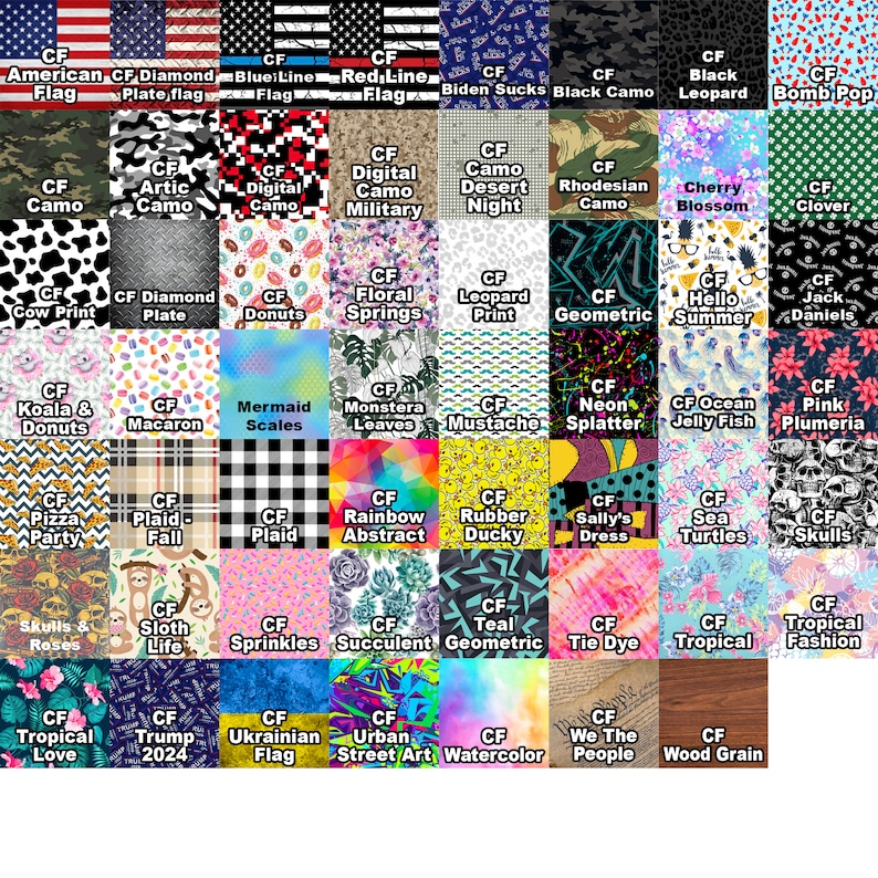 K&ouml;nnte beinhalten: Eine Sammlung von Stoffmustern mit verschiedenen Designs. Dazu geh&ouml;ren amerikanische Flaggen, Tarnmuster, florale Drucke, geometrische Formen und neuartige Muster. Jedes Muster ist mit einem beschreibenden Namen versehen.
