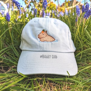 May include: A light blue baseball cap with an embroidered image of a hippopotamus wearing an orange slice on its head. The text "@BUDDY CLUB" is embroidered on the front of the cap.