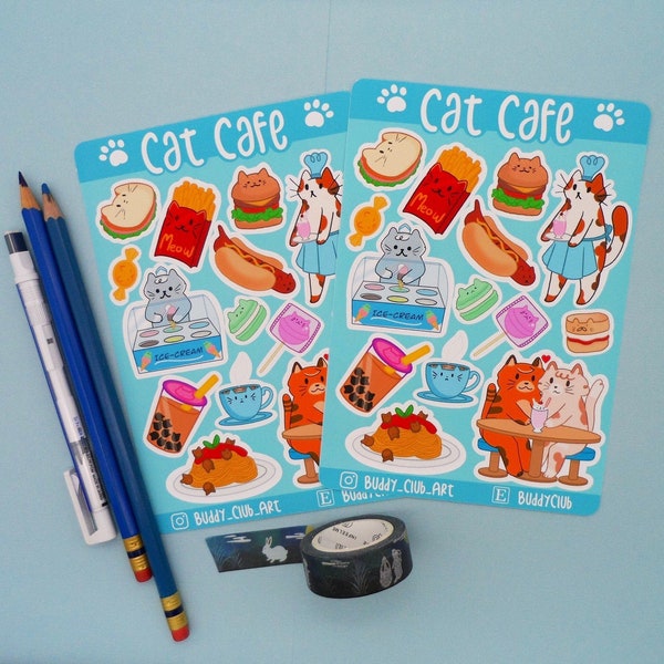 Café des chats / Feuille d'autocollants mats / Vinyle imperméable / Papier recyclé / Découpes / Kawaii