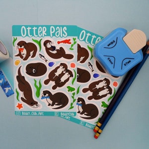 Otter Pals / Feuille d'autocollants en vinyle mat / Papier recyclé / Mignon / Main dans la main / mer / océan