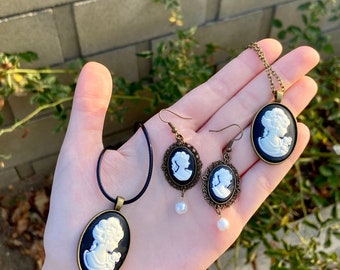 Vintage Victorian Inspired Cameo Necklace and Earring Set
