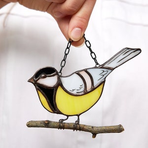 Titmouse stained glass suncatcher bird on branch Suncatcher gift stained glass bird on stick window decoration