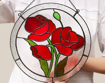 Panneau de vitrail de fleur de coquelicot Fleur rouge Tentures de fenêtre en verre Cadeau de décoration murale pour les amoureux des plantes