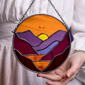 Fiery Sunset Mountains and Lake Landscape Stained Glass Suncatcher for Window Hanging