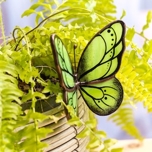 Könnte beinhalten: Ein grüner Glas-Schmetterlings-Anhänger mit schwarzen Details sitzt in einem geflochtenen Korb, der mit grünen Farnen gefüllt ist.
