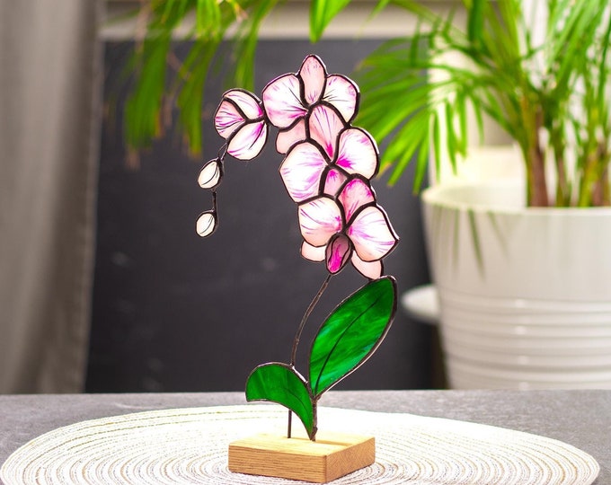Stained Glass Pink Orchid – Unique Floral Design on Wooden Base – Botanical Glass Art for Home Decor or Gift - Table top floral decoration
