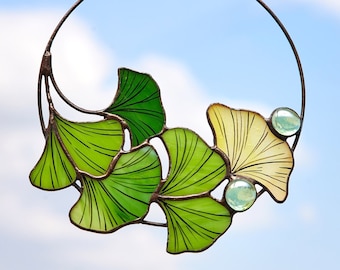 Stained glass Ginkgo biloba Suncatcher Leaves branch window hang pendant plant garden idea gift