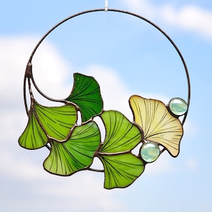 Stained glass Ginkgo biloba Suncatcher Leaves branch window hang pendant plant garden idea gift