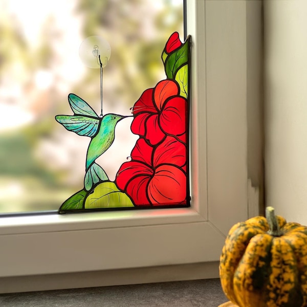 Stained Glass Hummingbird Window Corner – Red Hibiscus Sun Catcher