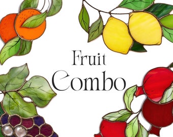 Fruit Combo set of stained glass fruits summer combination colorful bright window decor kitchen orange cherry lemon garnet grape pear