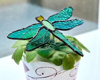 Dragonfly Stained Glass Suncatcher, Window hanging, Stain Glass hangings, Plant pot stake decor gift, dragonfly ornament, Garden decorations