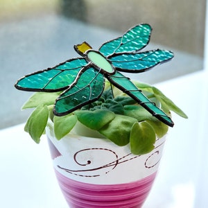 Dragonfly Stained Glass Suncatcher, Window hanging, Stain Glass hangings, Plant pot stake decor gift, dragonfly ornament, Garden decorations