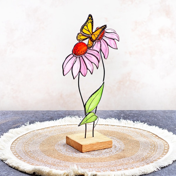 Pink Echinacea with Monarch butterfly Stained Glass Table top desk decor