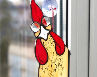 Funny Cock Stained glass bird window corner decor stain glass sun catch marble cute gift for chicken figurine