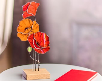 Red Poppy flower Stained Glass Tabletop Decor with Wooden Stand