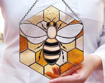 Bee stained glass Suncatcher Honey bee window hanging honeycomb glass ornament honeybee wall decor gift