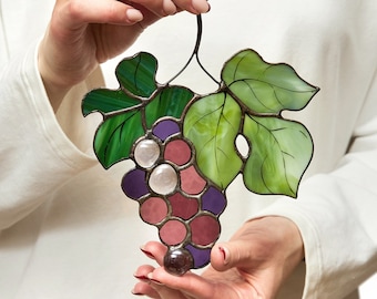 Grape Stained Glass suncatcher Purple grape branch kitchen decor window hangings marble glass art