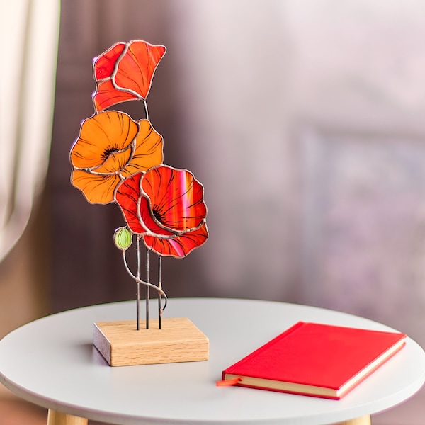 Red Poppy flower Stained Glass Tabletop Decor with Wooden Stand