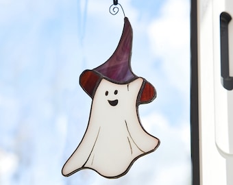 Little Ghost Halloween stained glass Decoration, Halloween window suncatcher Horror decor boo gift Scary spooky Ghost in Hat