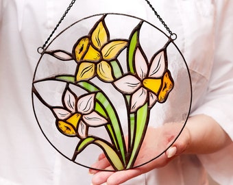 Narcissus Stained Glass Flower Panel, White and yellow flower Window, Сircle window garden decor