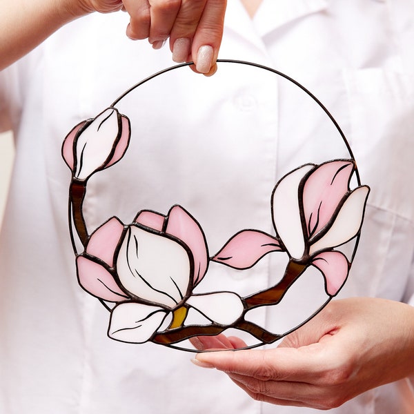 Panneau de vitrail de fleur de magnolia, fleur rose et blanche, suspension de fenêtre en verre, peinture sur verre, cadeau de décoration murale