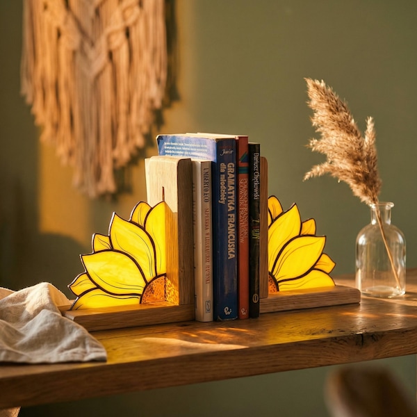 Sunflower Stained Glass Bookends with Oak Base, Floral Bookshelf Decor