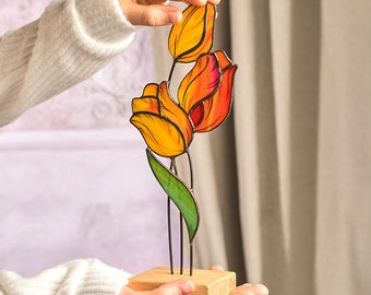 Tulip Stained Glass Tabletop Accent with Wooden Stand flower desk decor