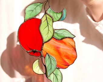Apple branch Stained glass suncatcher gift for nature lover window hang apples tree leaves fruit plant garden