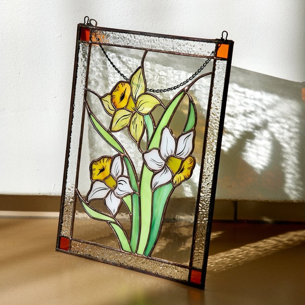 Daffodil Stained Glass Panel Flower, White and yellow flower Window Hanging Stained glass Pattern glass Painting Plant love