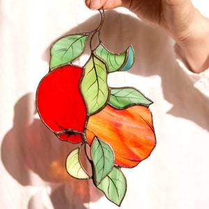 Apple branch Stained glass suncatcher gift for nature lover window hang apples tree leaves fruit plant garden