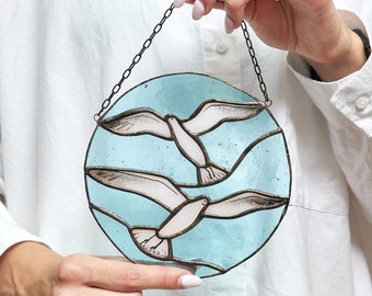 Seagull Stained Glass window Suncatcher, Glass Sun catcher art hangings Gull and waves