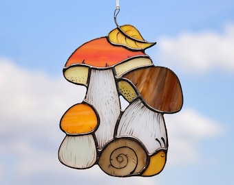 Mushrooms Stained Glass Window Hangings Boletus Suncatcher Wall decoration gift for nature lover autumn design