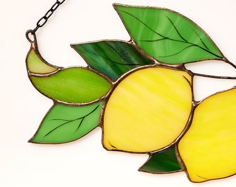 Lemon branch Stained glass suncatcher window hangings lemon tree leaf fruit citrus plant garden gift for fensterdeko herbst