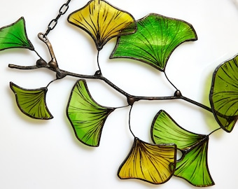 Ginkgo Blatt Glasmalerei Sonnenfänger Fensterbild Ginko biloba Pflanze Geschenk fensterdeko herbst