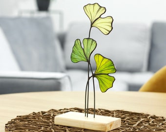 Ginkgo Leaf Stained glass table stand on the wooden platform ginkgo biloba plant desk decor gift
