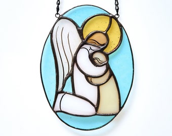 Hugging angel stained glass ornament, grieving angels window hang wall decor peace no war figurine symbol saint family memorial gift