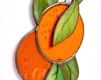 Orange branch Stained glass sun catcher window hanging Orange tree leaves pendant fruit plant garden gift for