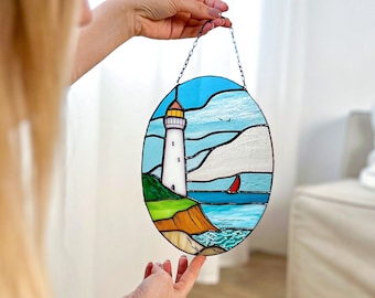Stained glass Lighthouse in ocean landscape suncatcher stain glass window panel