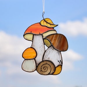 Mushrooms Stained Glass Window Hangings Boletus Suncatcher Wall decoration gift for nature lover autumn design