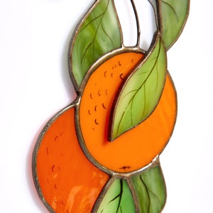 Orange branch Stained glass sun catcher window hanging Orange tree leaves pendant fruit plant garden gift for image 1