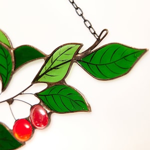 Cherry branch Stained glass leaf sun catcher window hanging cherry berries from marbled glass garden gift for