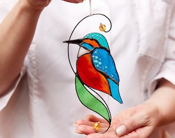 Kingfisher stained glass suncatcher, window hangings, Stained glass with Fused glass window decoration bird