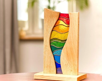 Stained Glass Rainbow Decor – Handmade Oak Wood Table Sculpture